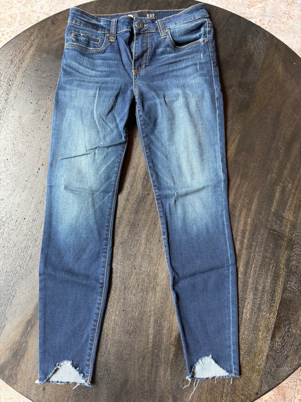 Kut from the Kloth Women's Ankle Skinny Jeans in Dark Blue Wash with Frayed Hem